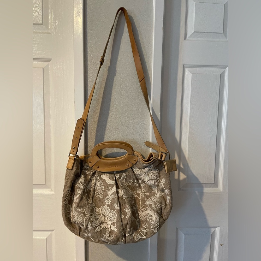 RADLEY LONDON Beige Floral Canvas Crossbody with Tan Leather Trim
